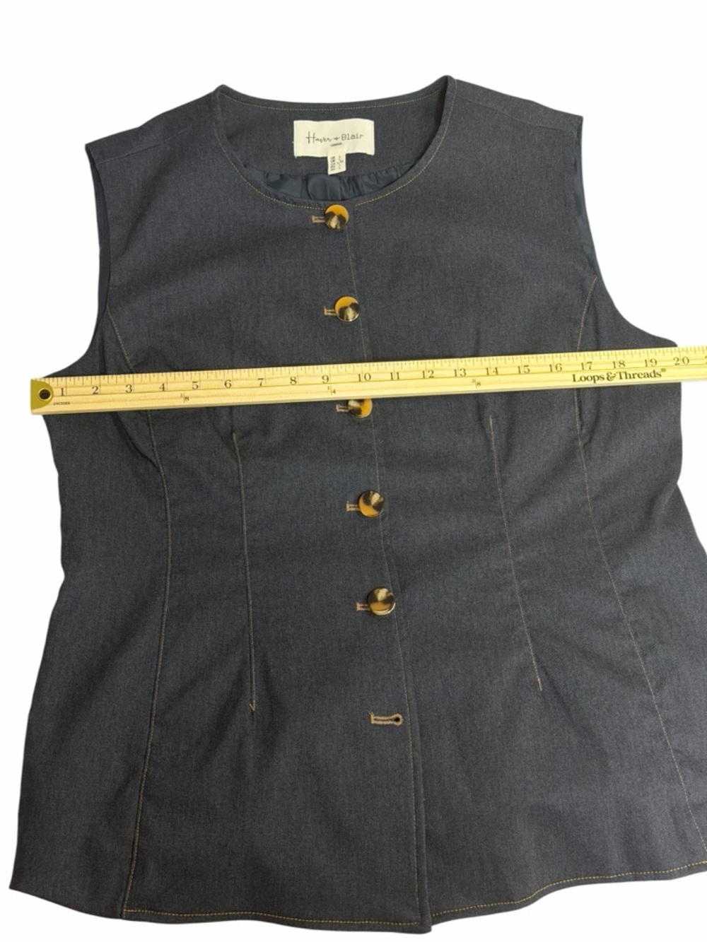 Haver Blair London Dark Wash Denim Vest Tortoise Buttons Lined L NWOT - Picture 6 of 8